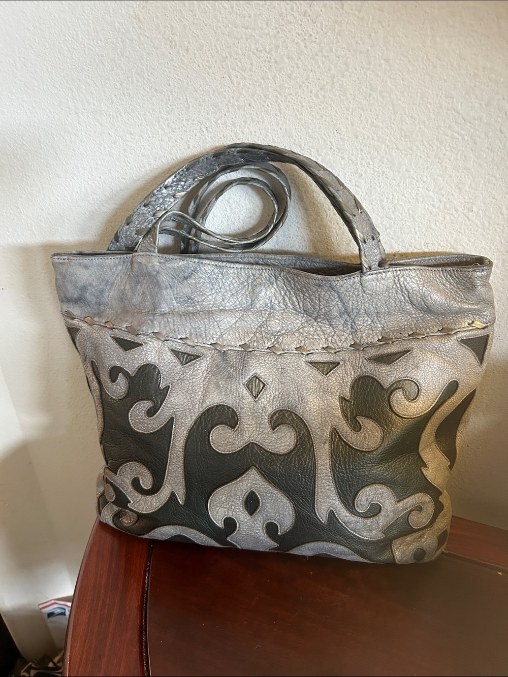Textured Silver and Black Leather Tote with Decorative Overlay